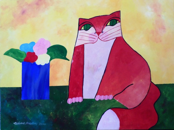 Gato Vermelho com Vaso de Flores